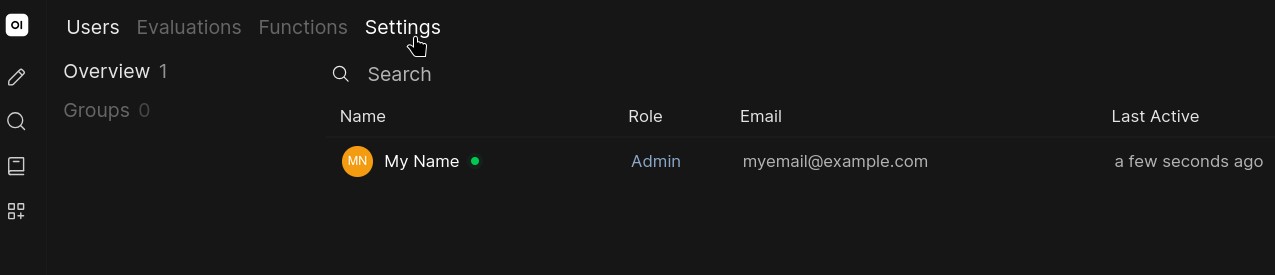 Admin Panel with Users, Evaluations, Functions and Settings tabs