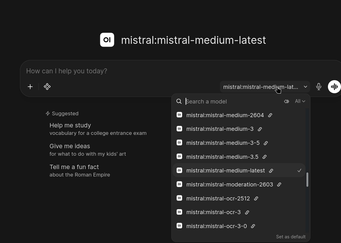 Model picker in Open WebUI chat with Mistral models from Otari