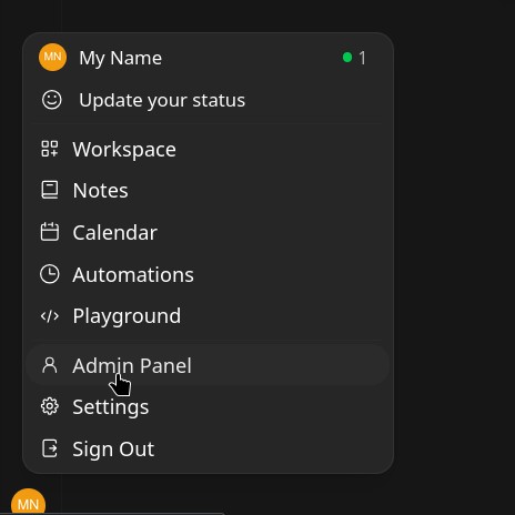User menu in the bottom-left corner with Admin Panel option