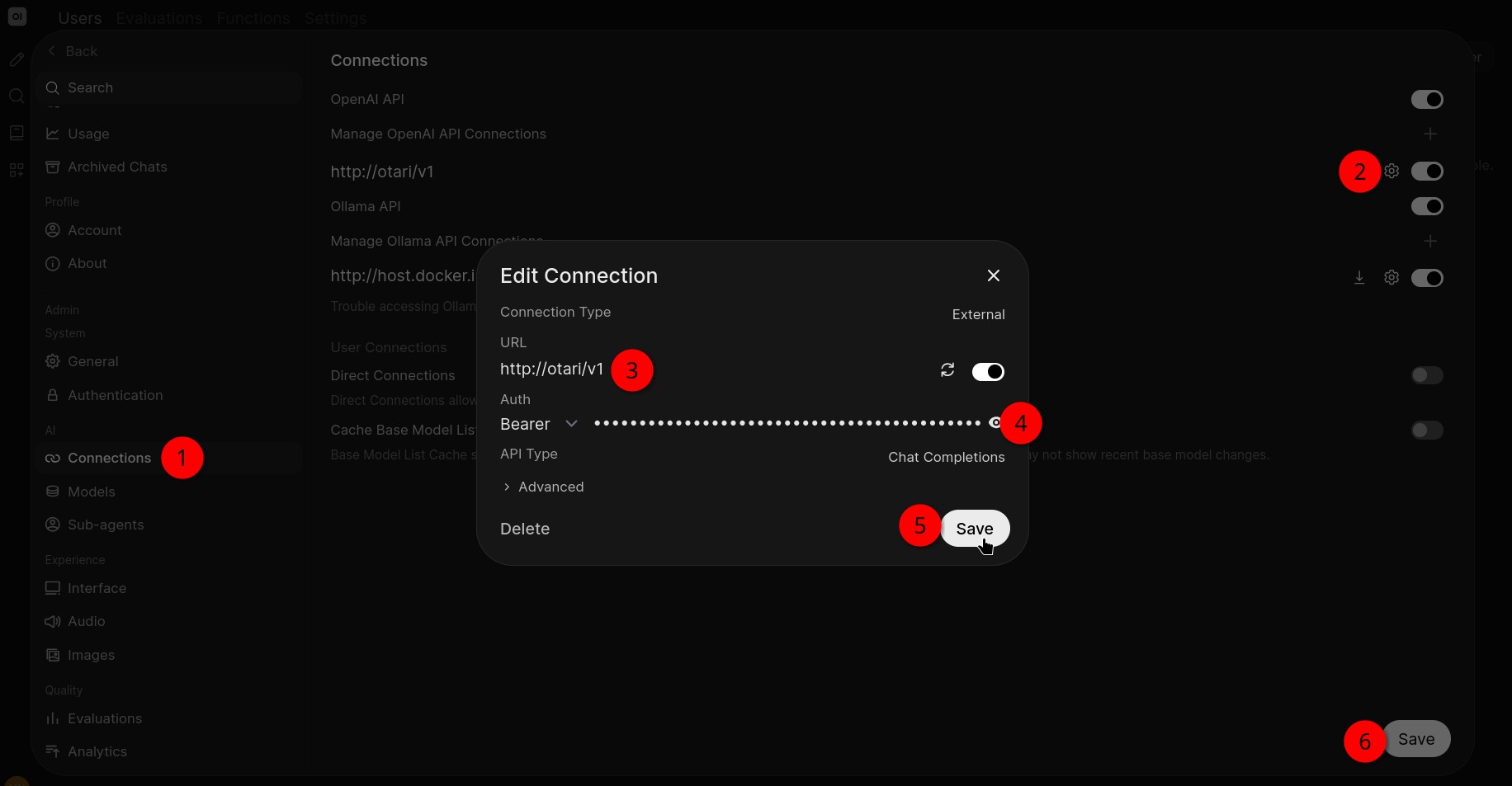 Open WebUI connections settings with Edit Connection dialog for Otari
