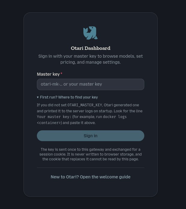 Otari dashboard login with master key